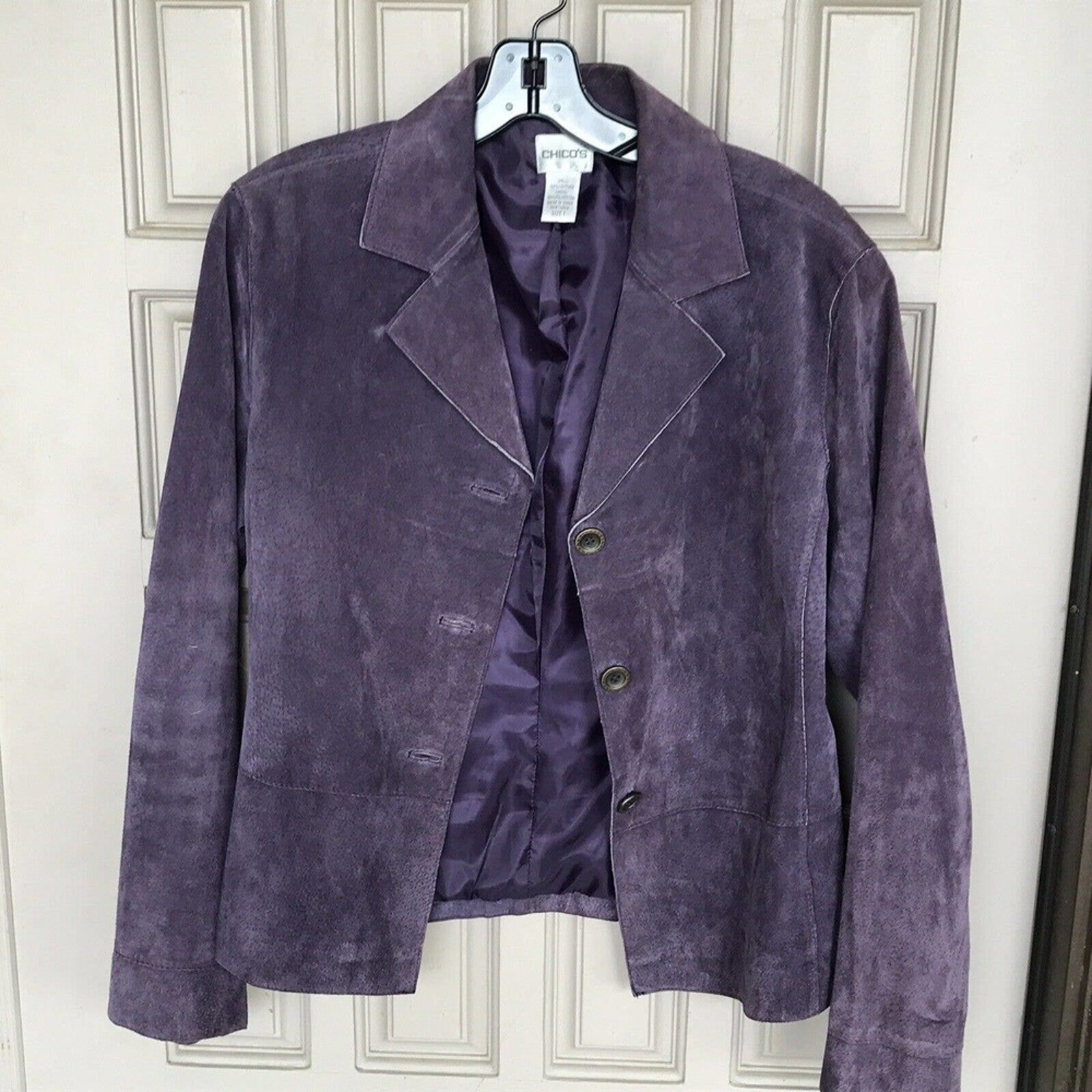 Chico's Design Jacket Sz1 Purple Suede Leather Designs Button Front Pre-Owned